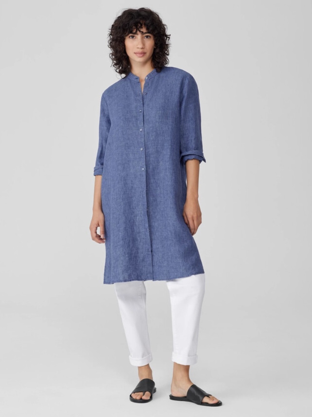 Eileen Fisher Washed organic Linen Delave Shirtdress Size XS Easy Fit